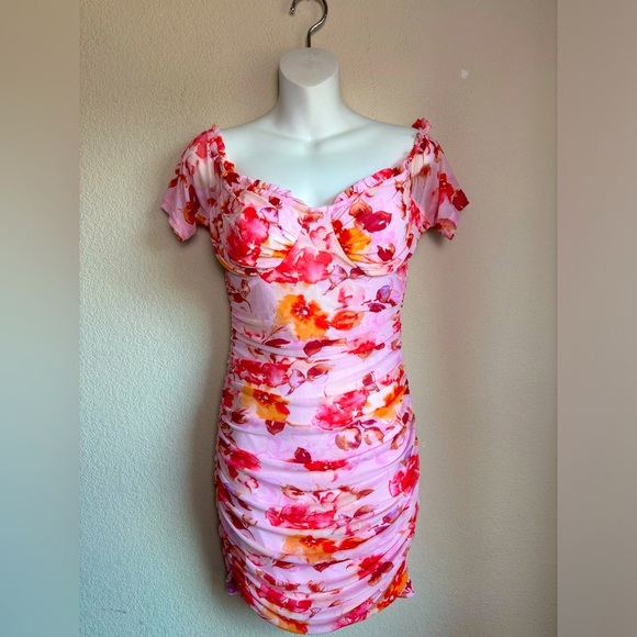 Privy Pink Floral Ruched Corset Mesh Overlay Bodycon Mini Dress L - Picture 1 of 9